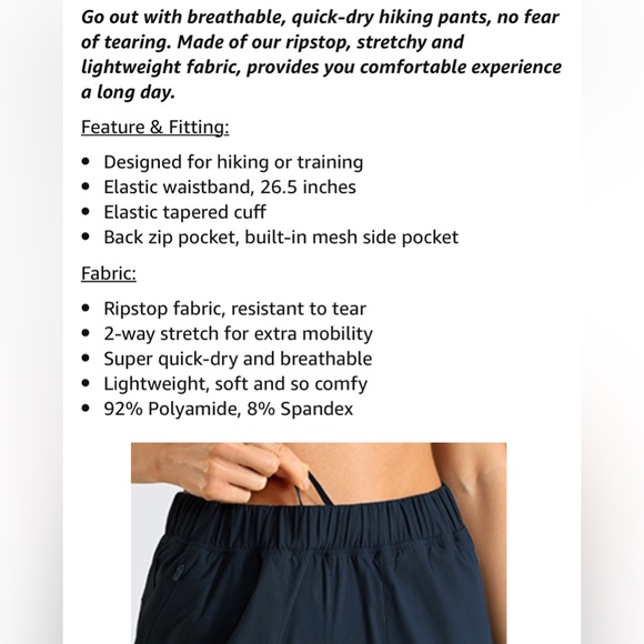 CRZ YOGA NAVY Women's Lightweight Hiking Pants 26.5" - Picture 7 of 7